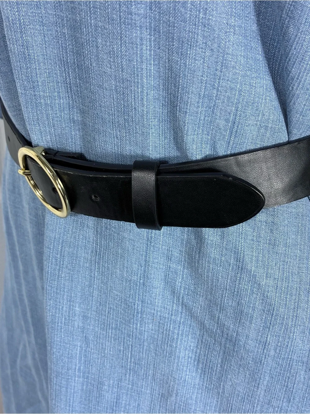 Plus Size Womens belt black faux leather gold ring buckle 57” long